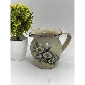 Casey Pottery Texas Handmade Stoneware Pitcher 4.5 Inch Beige Floral Rustic